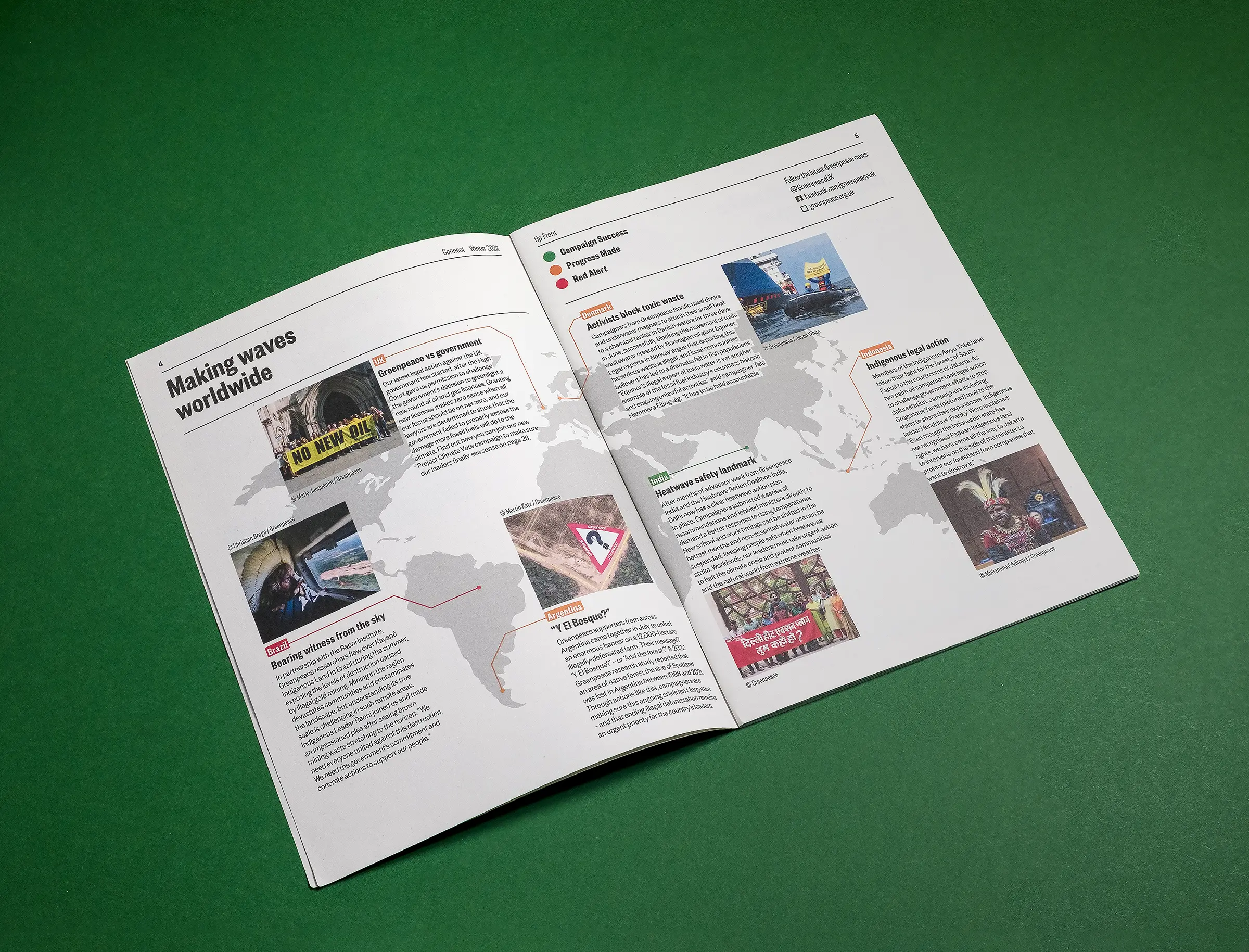 An image of the Global spread from Connect magazine, showing Greenpeace actions around the world, against a green background.