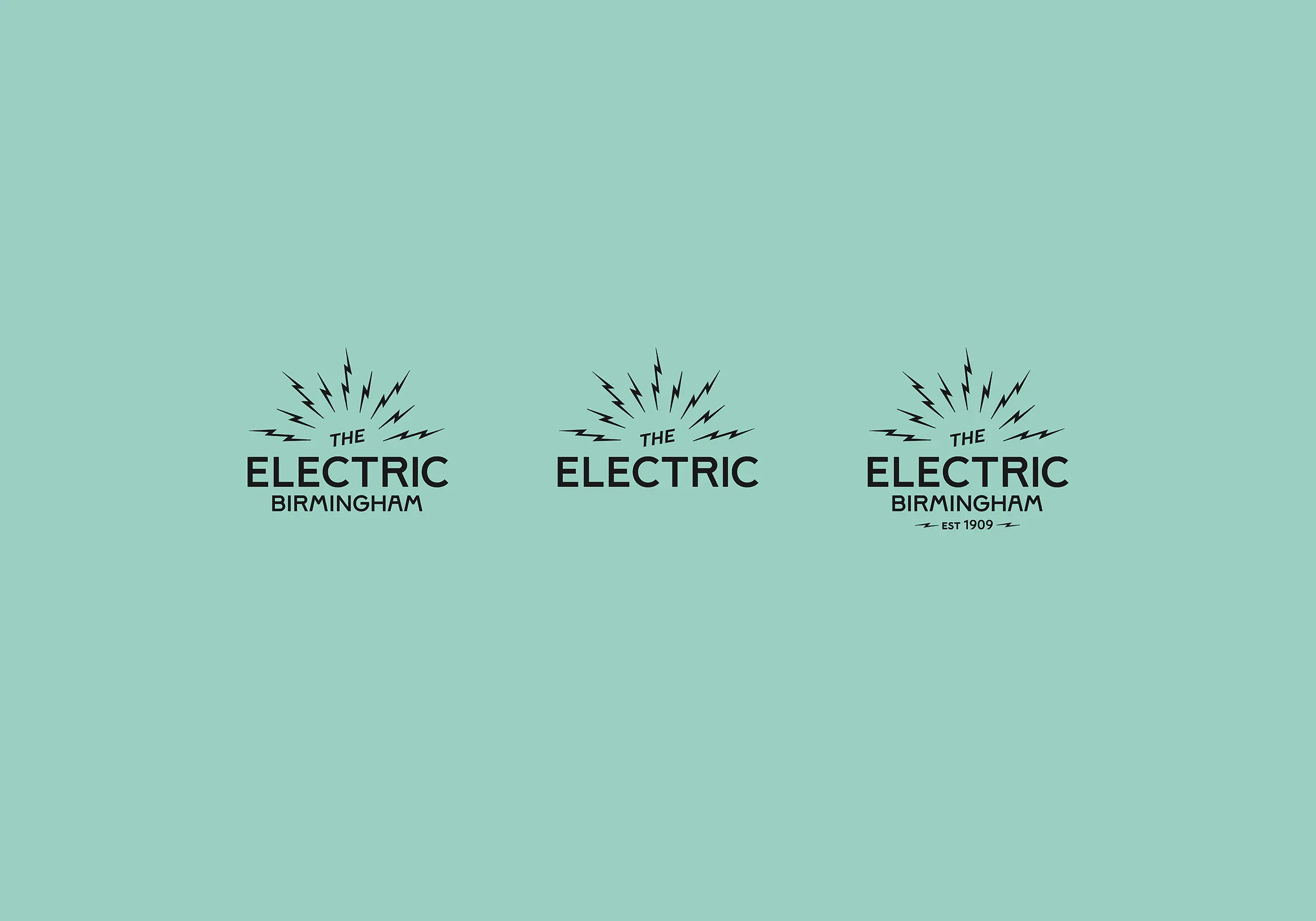 An image of the logos for The Electric Birmingham, The Electric, and The Electric Birmingham est. 1909 against a turquoise background.