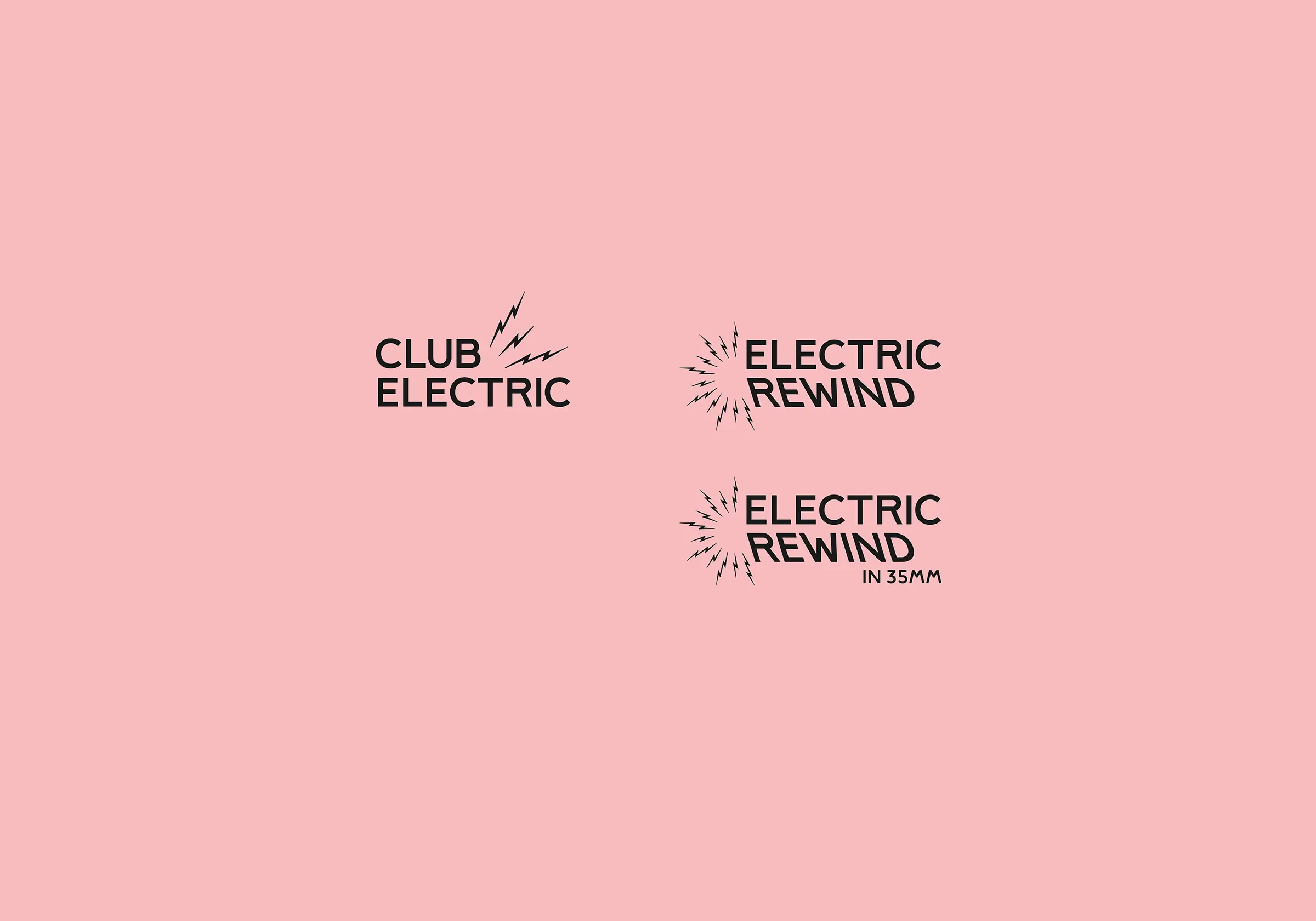 An image of the logos for Club Electric, Electric Rewind and Electric Rewind in 35mm against a pink background..
