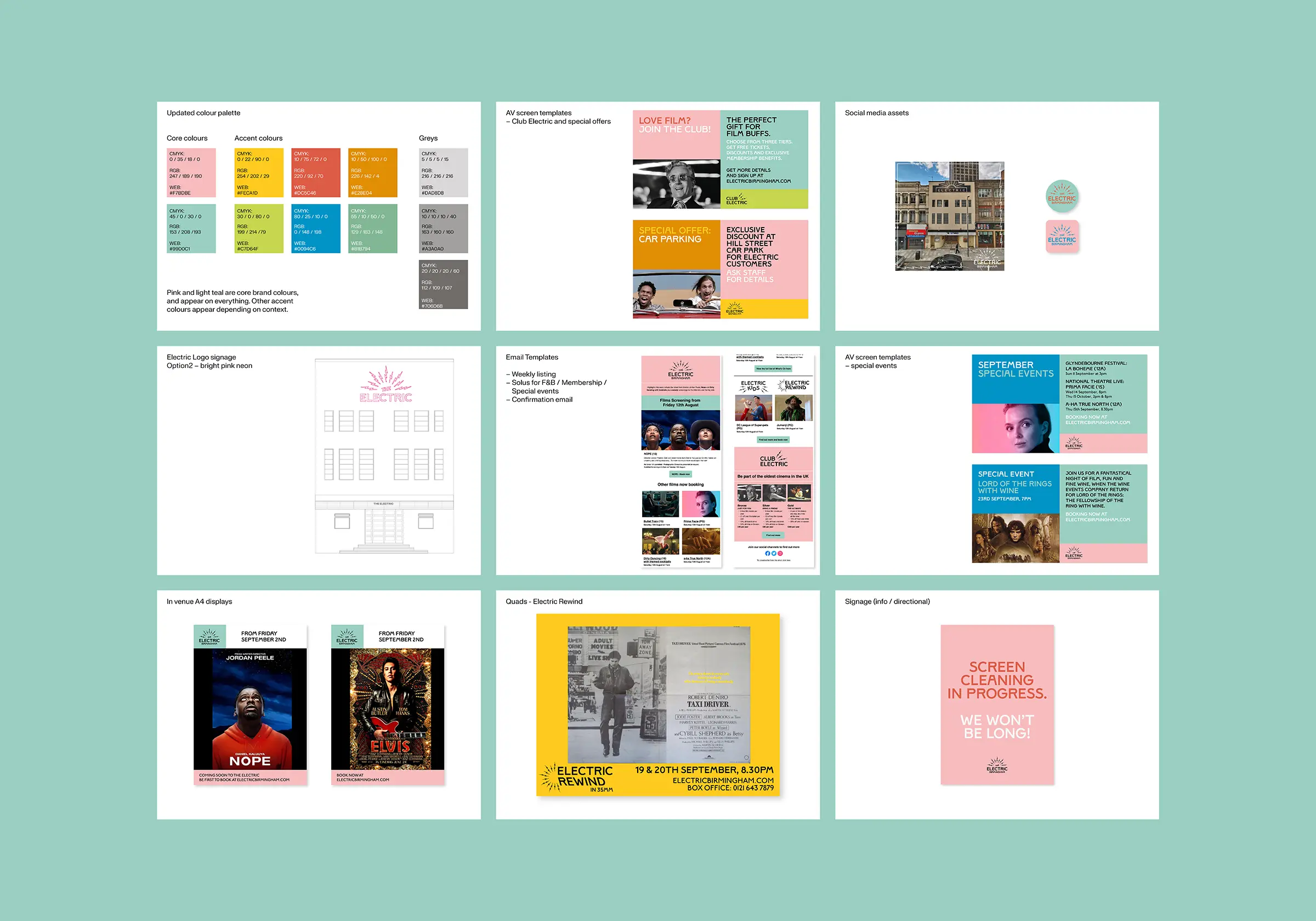 An image of nine landscape white pages of The Electric identity guidelines document against a grey background. 