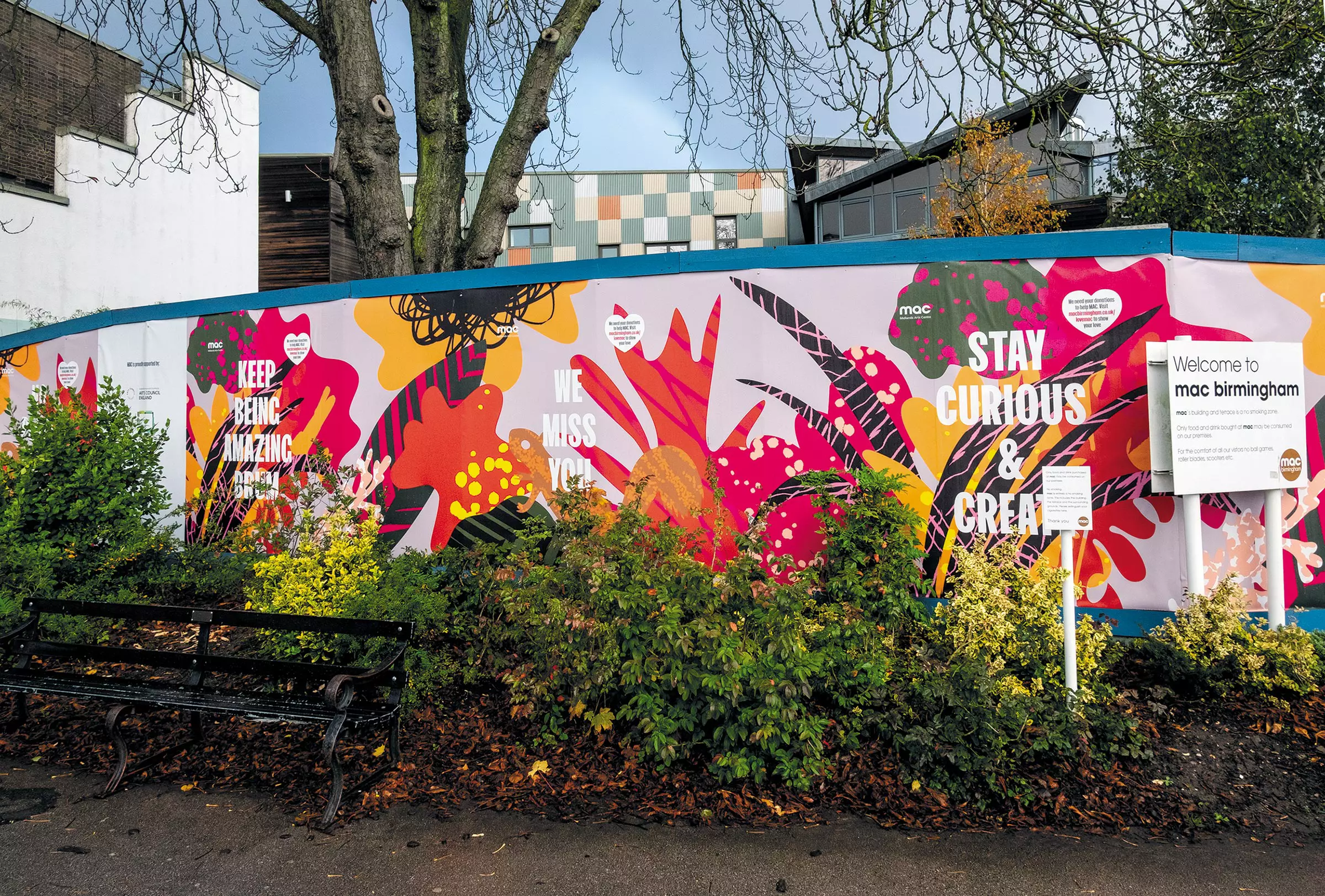 Colourful hoardings around the Midlands Arts Centre in Cannon Hill Park, Birmingham