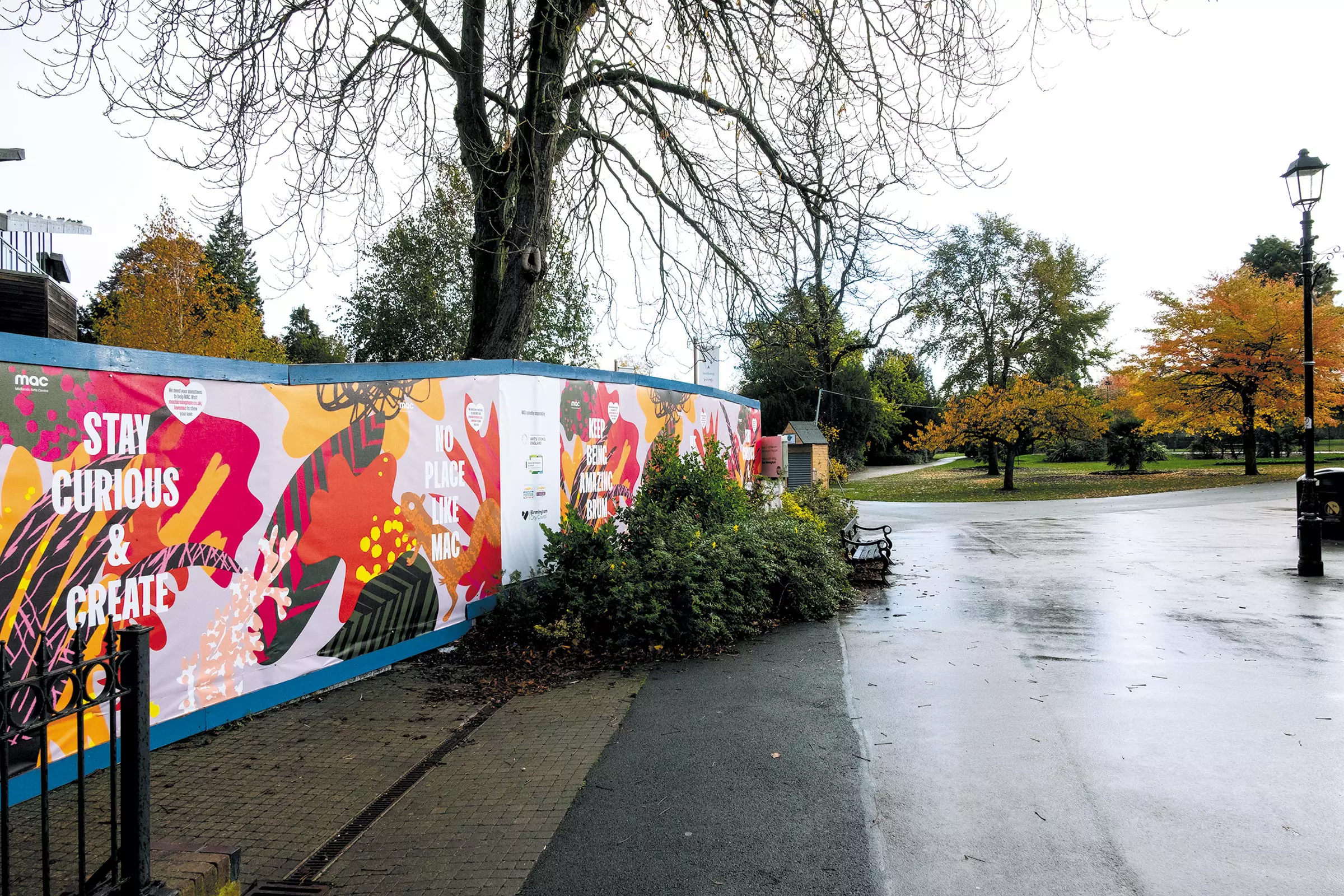 Colourful hoardings around the Midlands Arts Centre in Cannon Hill Park, Birmingham