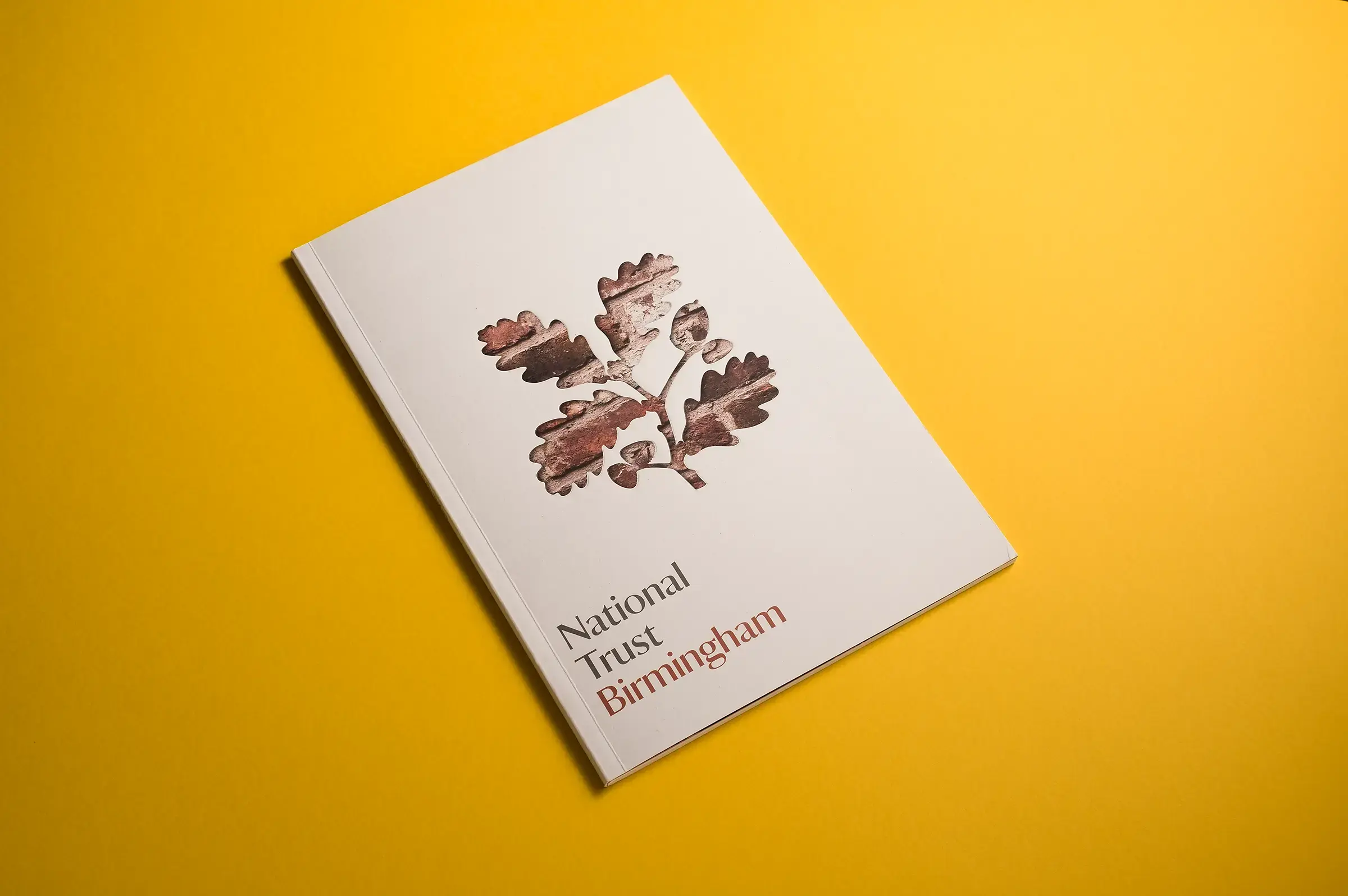 An image of a white brochure for National Trust Birmingham, lying on a bright yellow background