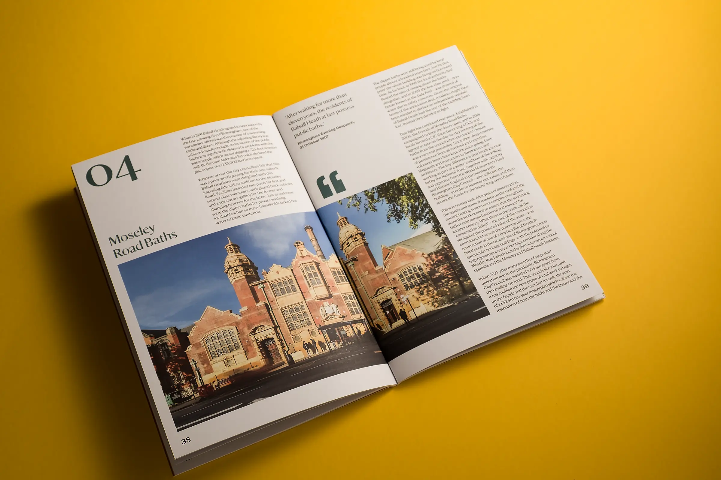 An image of a white brochure for National Trust Birmingham, lying on a bright yellow background