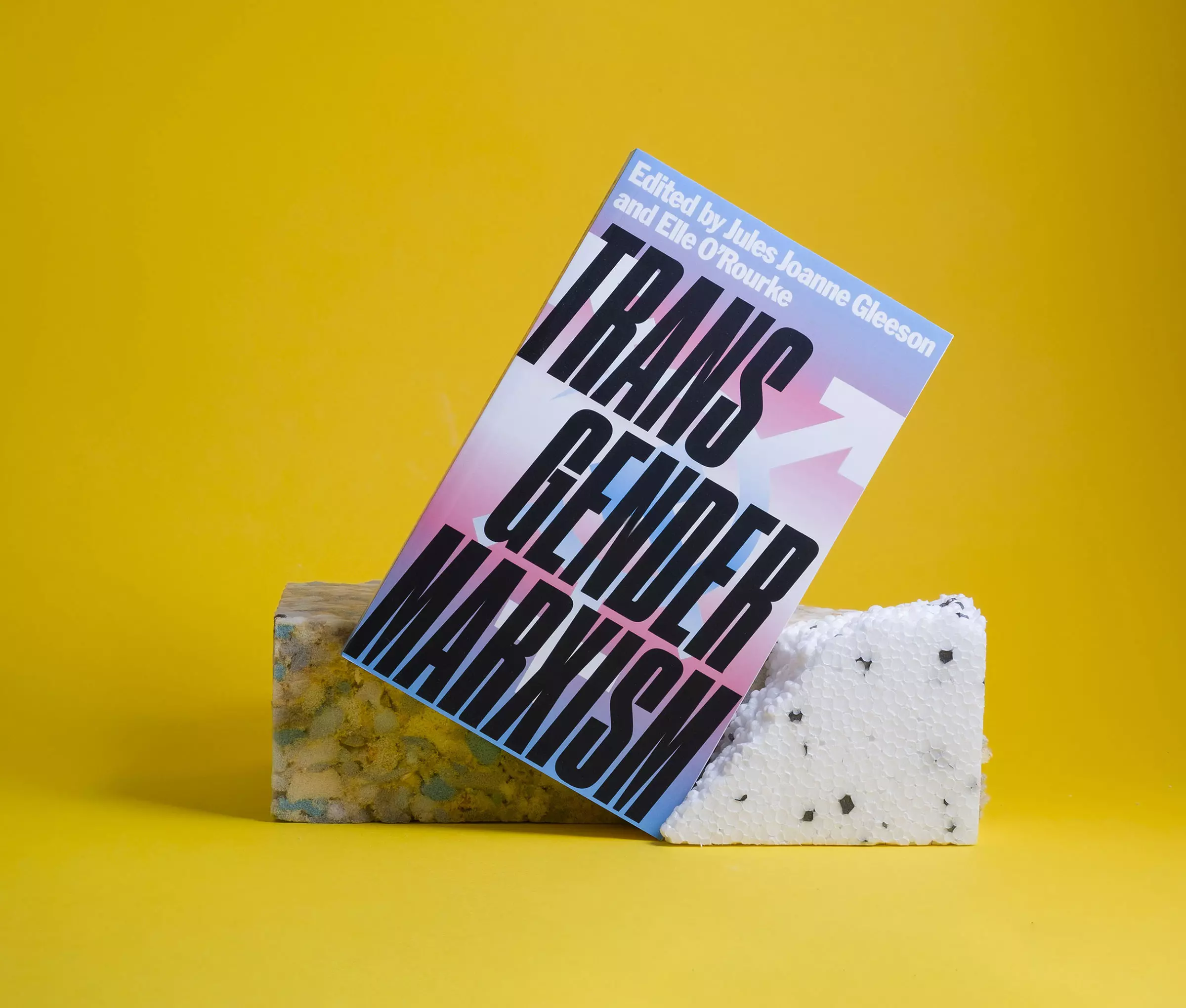A book with a light blue, pale pink and white gradient on the cover leans against two roughly shaped blocks of foam in front of a yellow background. The cover features a graphic which combines the hammer and sickle with the transgender symbol, with overlaid text reading 'TRANSGENDER MARXISM'.