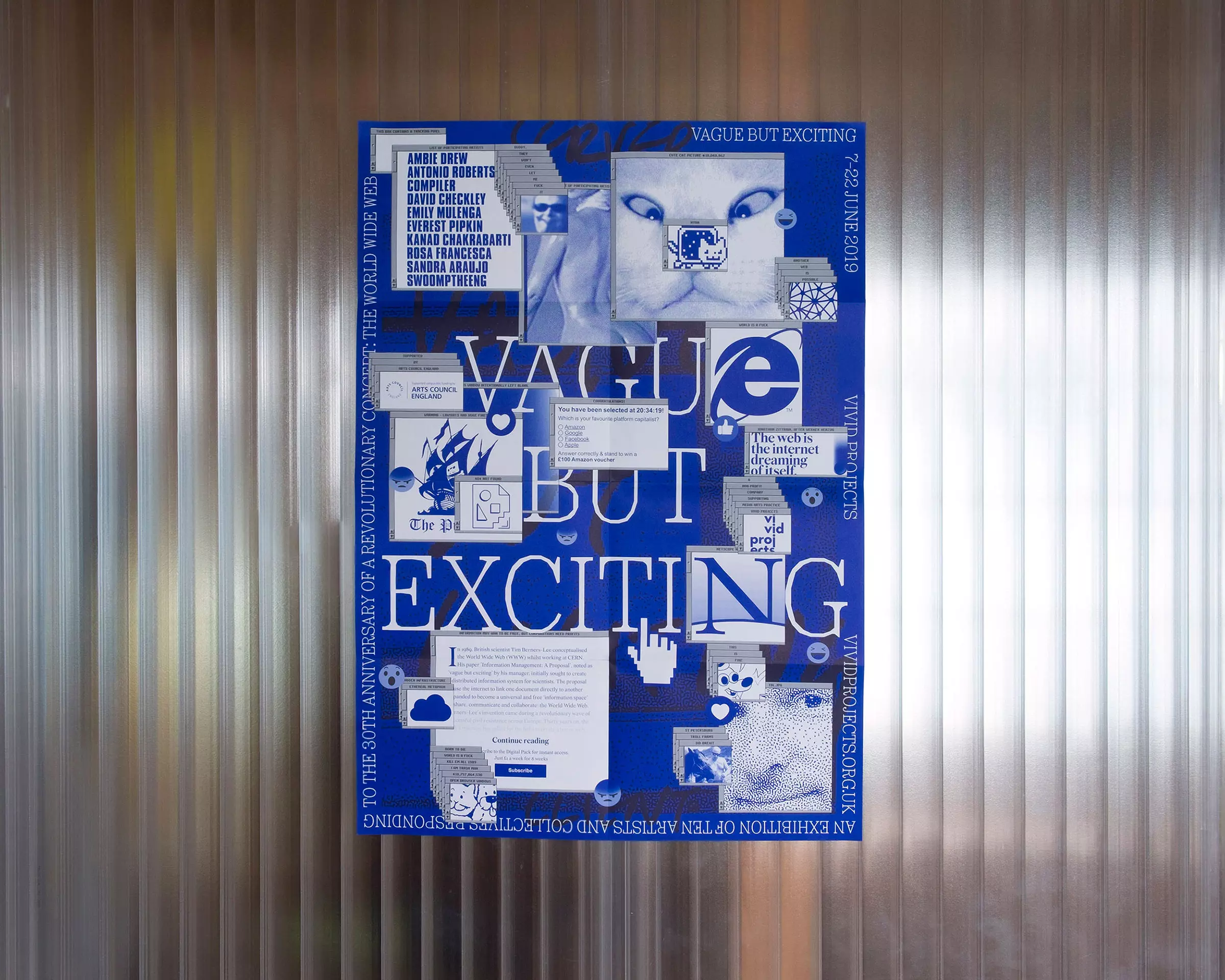 A blue and white poster, featuring multiple open windows from the NeXT browser. The large text reads 'Vague, but exciting'.
