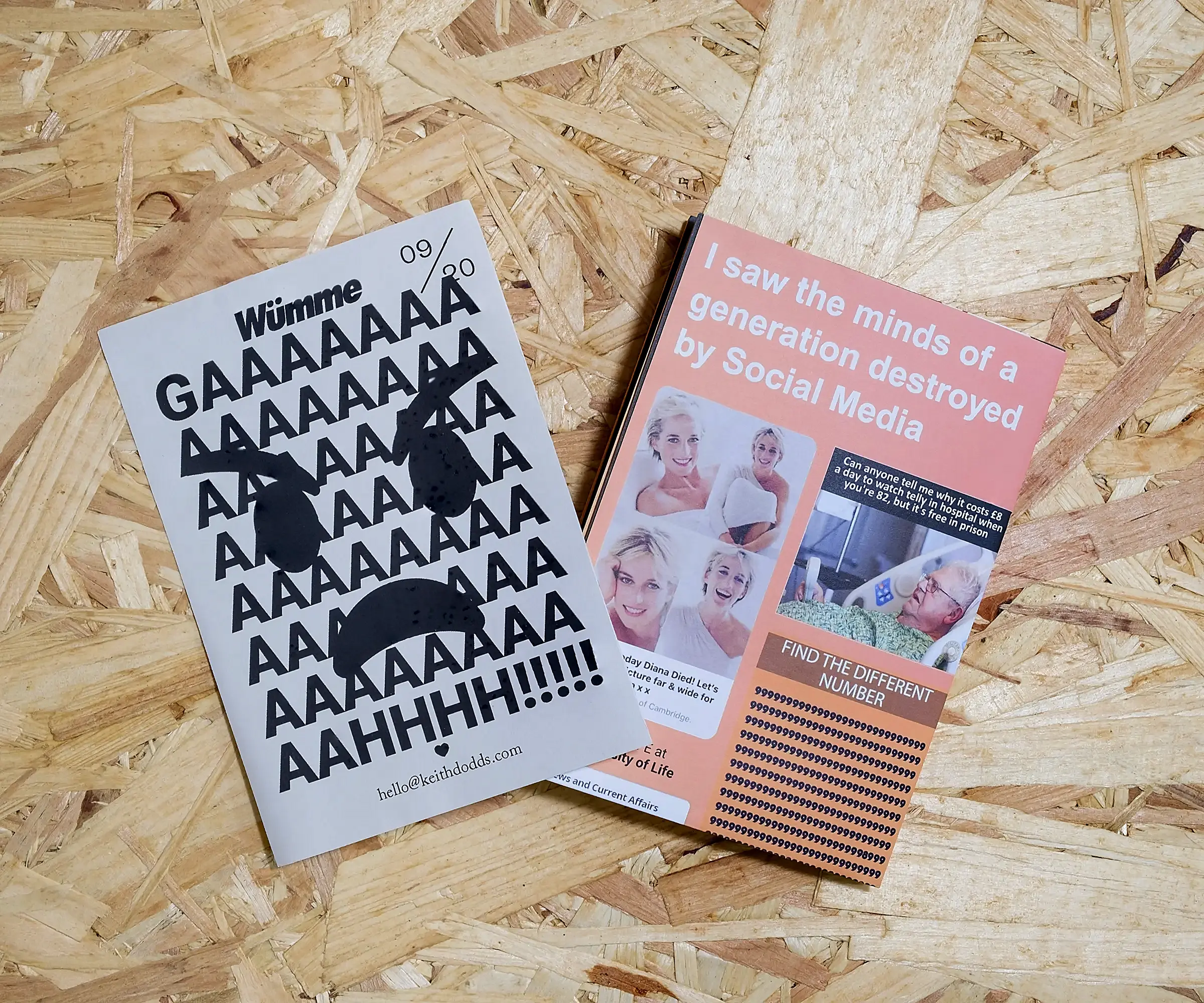 A grey, A6 piece of paper with text reading 'GAAAAAAAAAAAAAAAAAAAAAAAAAAAAAAAAAAAAAAAAAAAAAAAAAAAAAAAAAHHH!!!!! Beside it is a folded piece of A2 paper, with a peach background, featuring boomer memes from Facebook and the words 'I saw the minds of a generation destroyed by Social Media.' Both sit on a background of OSB.